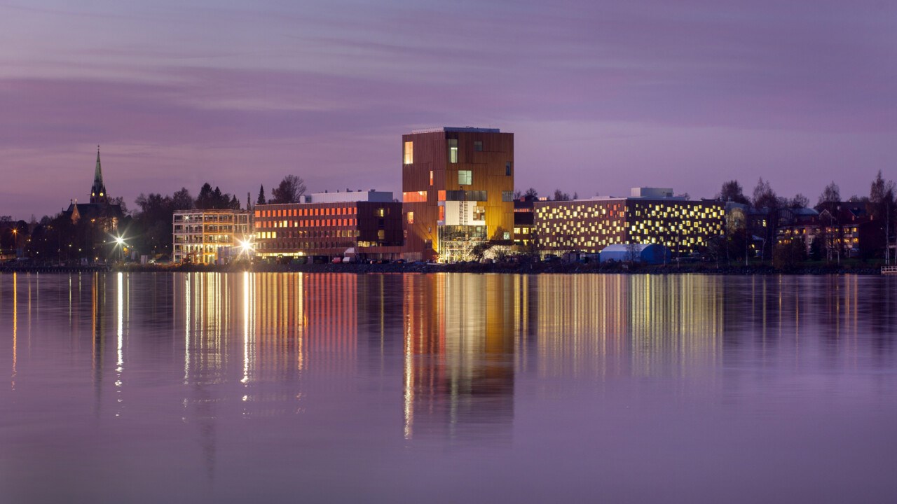 Konstnärligt Campus med Bildmuseet, Konsthögskolan och Arkitekthögskolan med Umeälven i förgrunden.