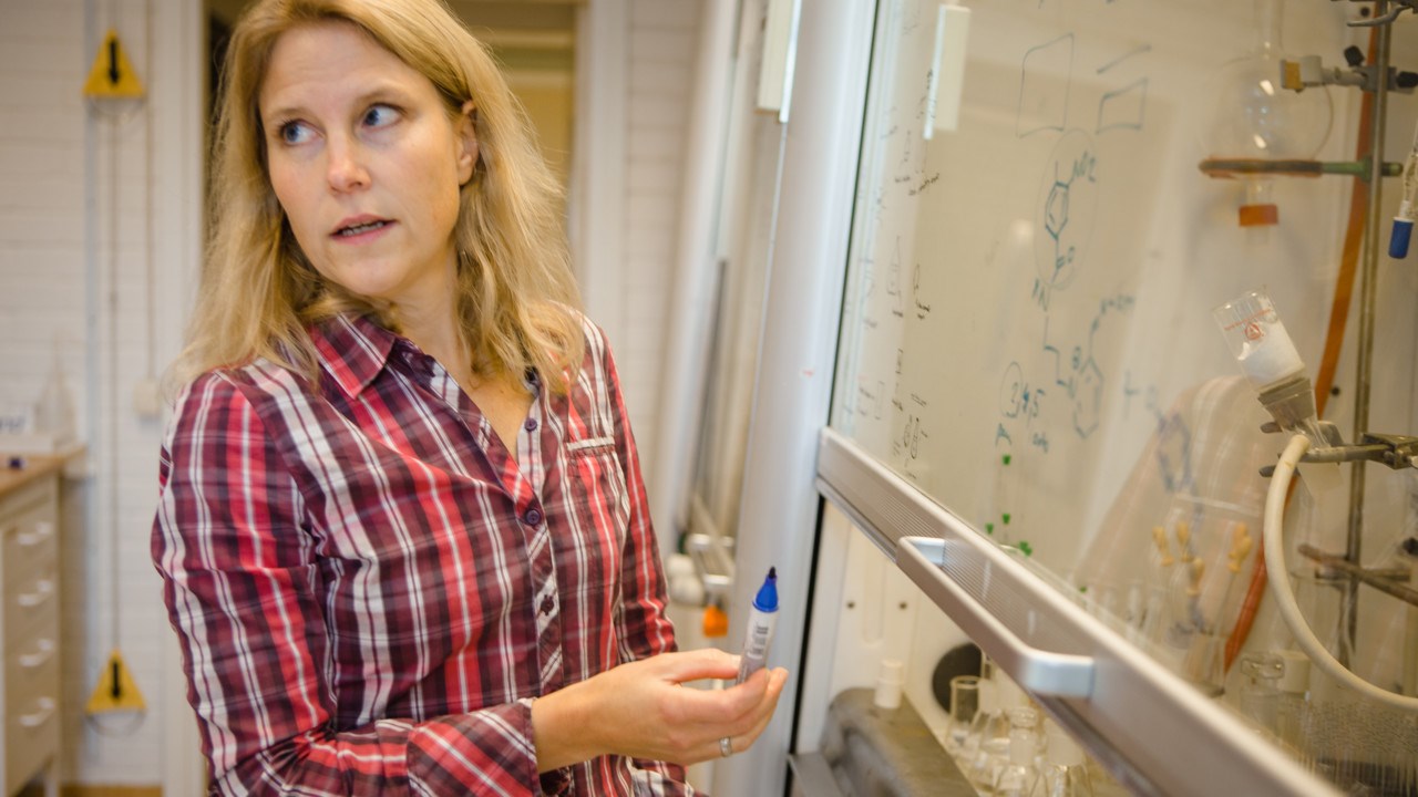 Bild på Anna Linusson Jonsson i labbet på kemiska institutionen