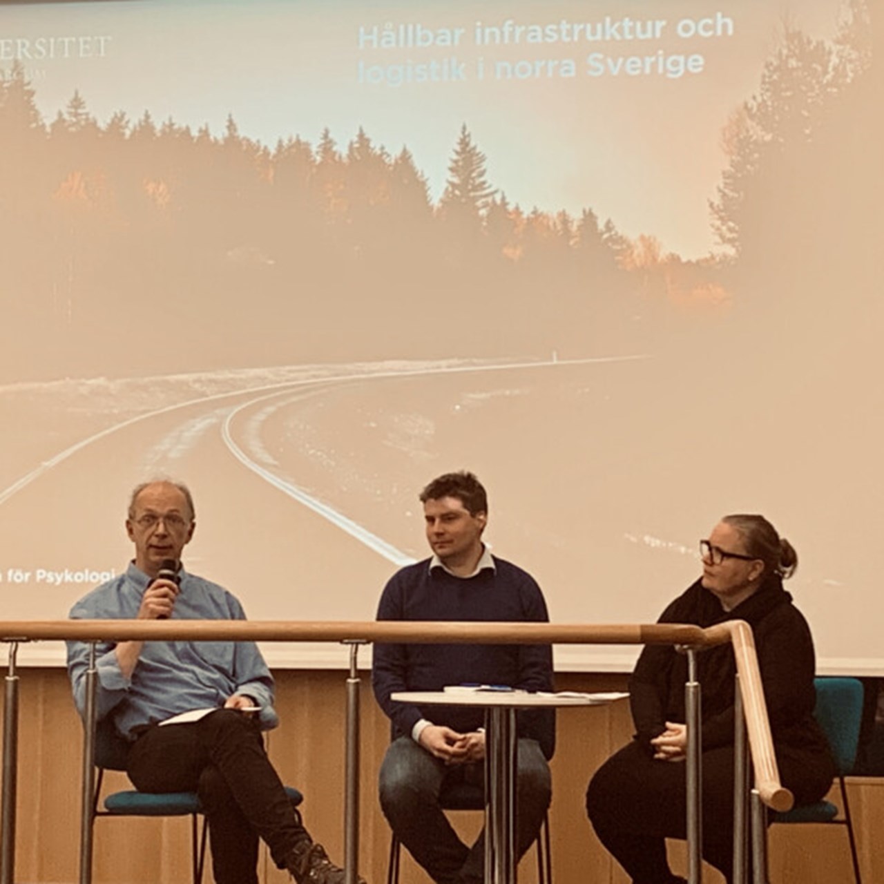 Tre personer sitter i panel. I bakgrunden kan man se en landsväg i genom norrländsk skog. Mannen längst till vänster talar i mickrofonen.
