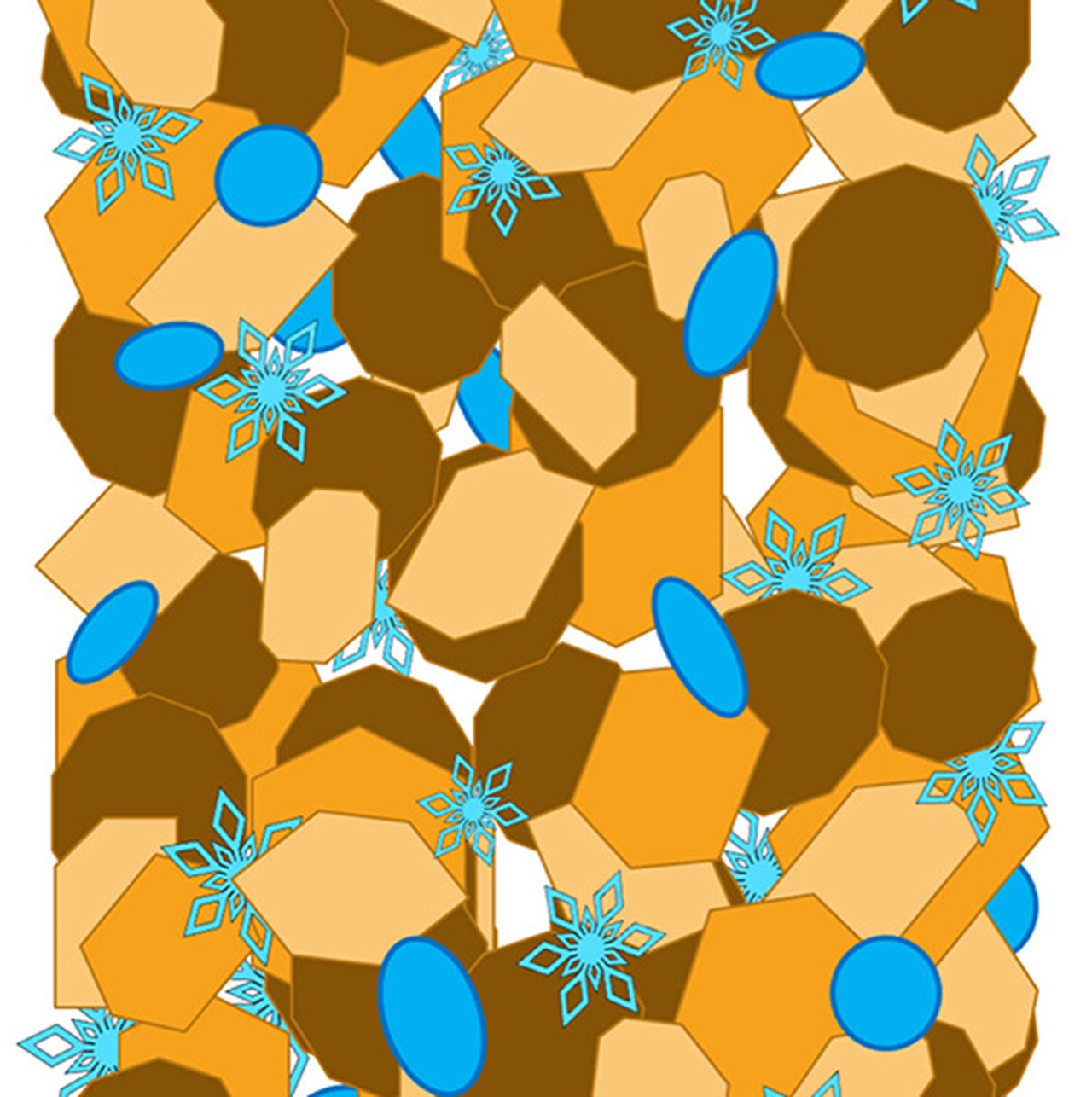 Diagram över mineral- och jordkorn vid -50 till -40 ° C där några små iskristaller (blå snöflingor) och några flytande vattenmolekyler (blå ovaler) finns längs partikelytan (orange och bruna former).