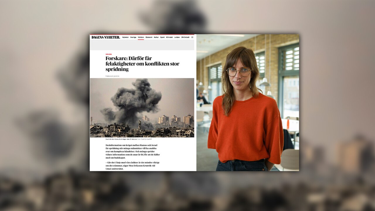 Screenshot från DN.se och en nyhet om fake news och en porträttbild på Moa Eriksson Krutrök