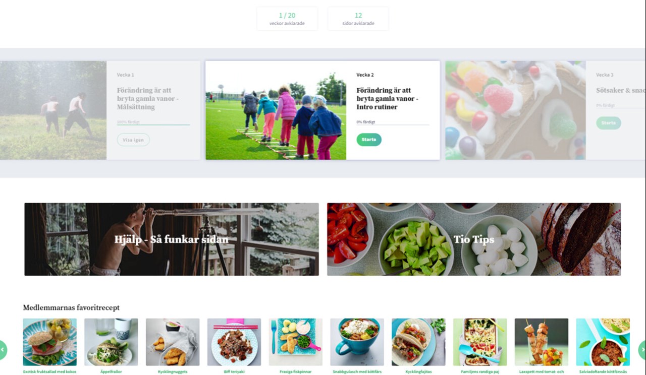 En bild på behandlingsprogrammets digitala startsida, med matrecept, veckoutmaningar och tips