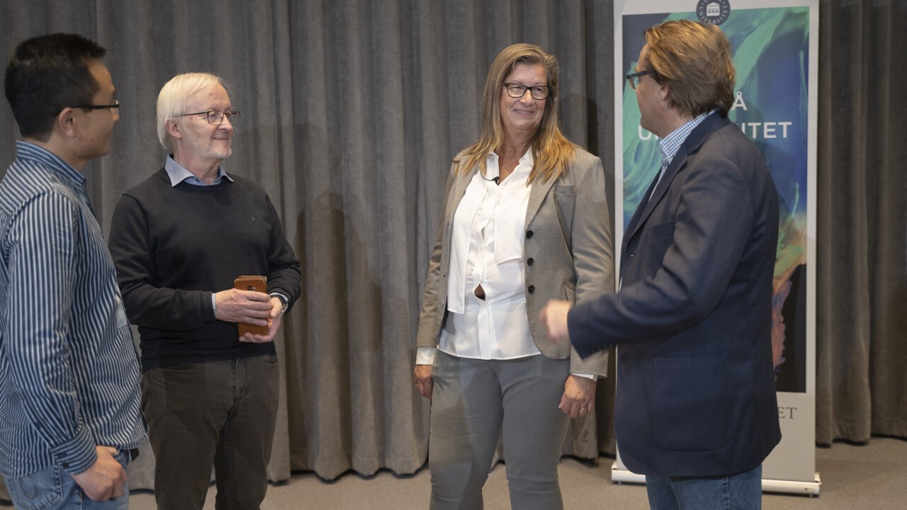 Yaowen Wu, Director of UCMR, Bernt-Eric Uhlin, Post-retirement Professor, Katrine Riklund, Pro-Vice-Chancellor and Oliver Billker, Director of MIMS during the press conference with Emmanuelle Charpentier after the Nobel Prize announcement.
