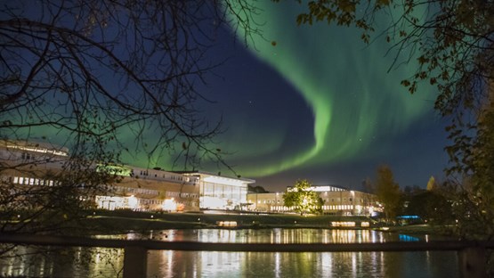 Färgsprakande solnedgång över Umeå och älven