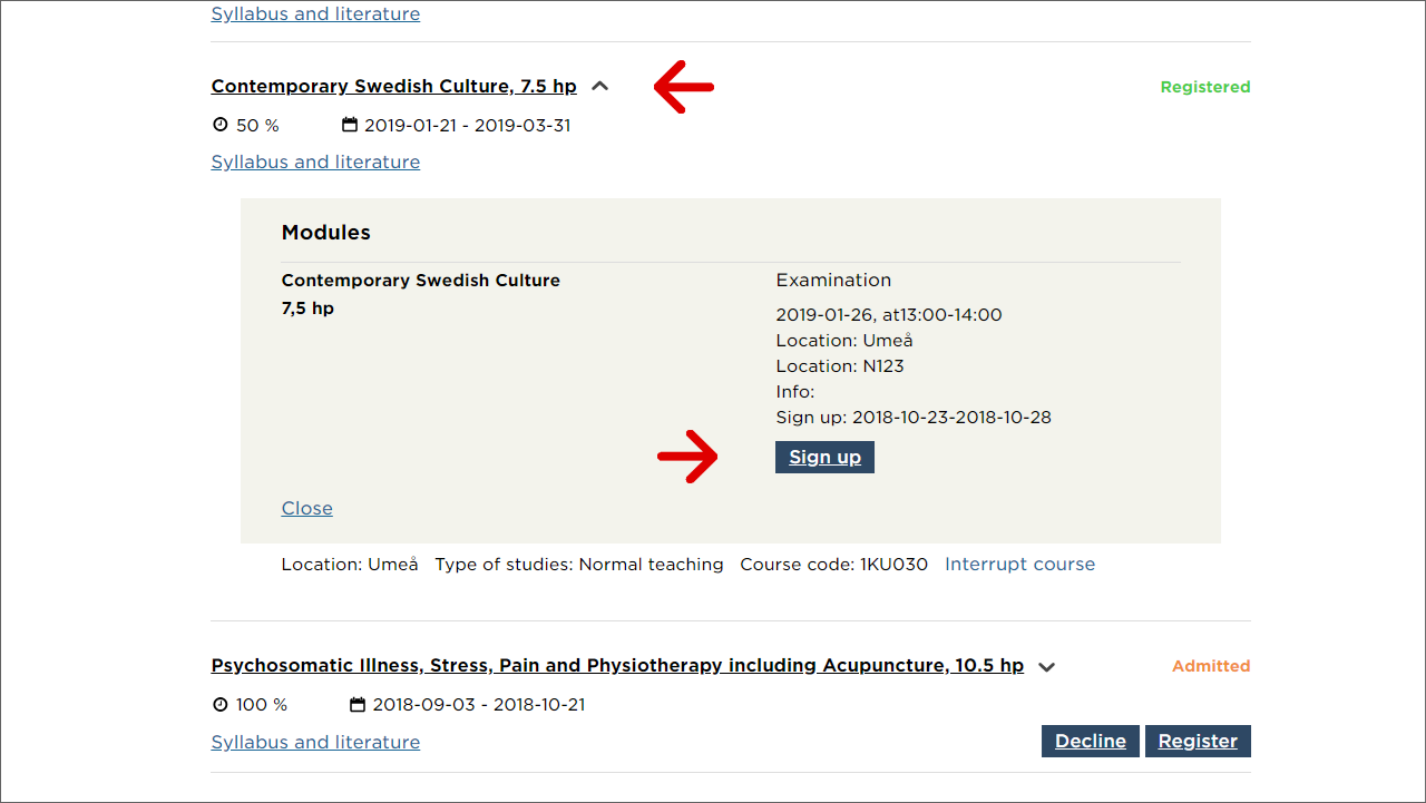 Screenshot showing how to find the button you click on to sign up for examination