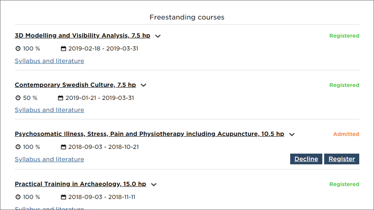 Screenshot showing courses shown on the student website that a student is admitted to or registered for