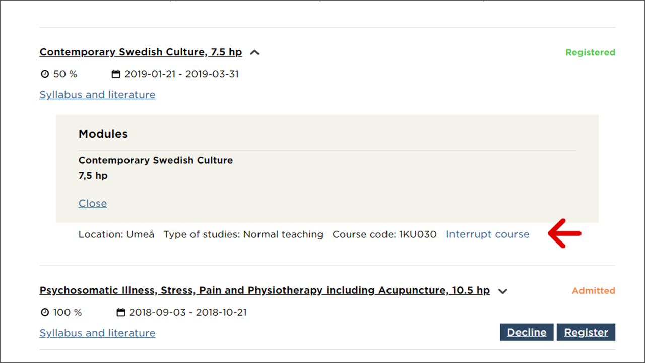 Screenshot showing how to find the link to report interruption (non-completion of studies)