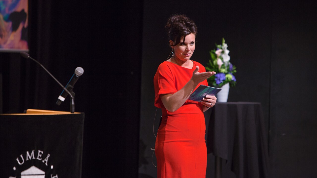 Internetforskaren Annakarin Nyberg på scenen som konferencier.