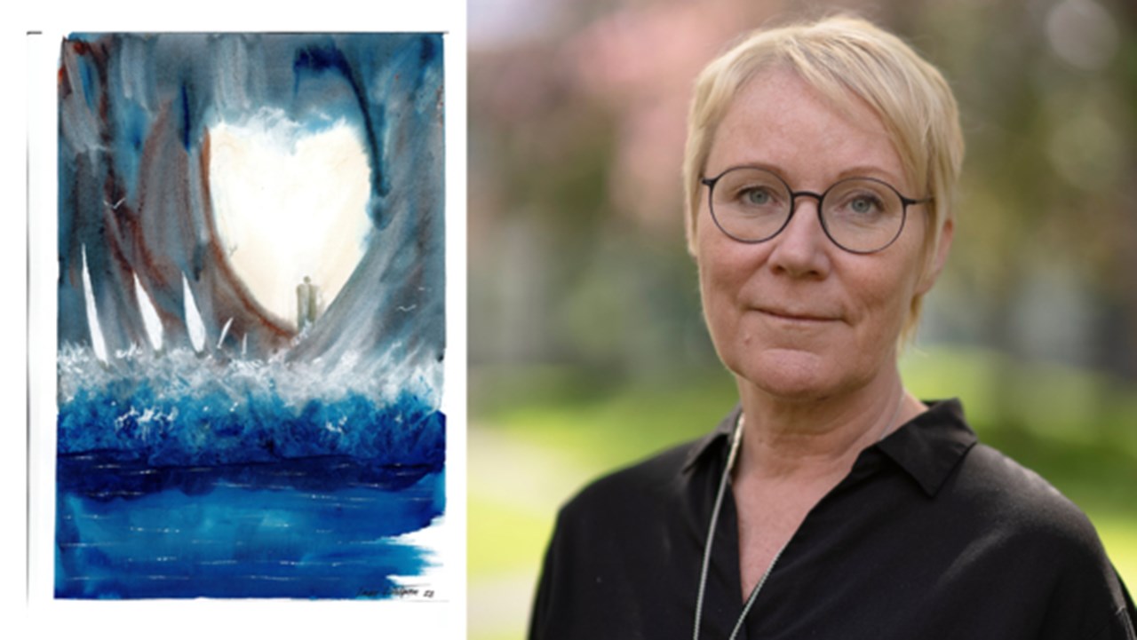 Till vänster: en tematisk målning för boken. Till höger: Porträttbild på Maria Lindgren Leavenworth