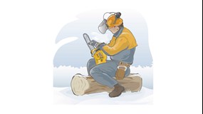 Illustration med arbetare i kyla som använder en motorsåg
