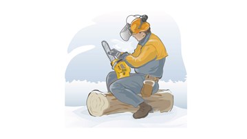 Illustration med arbetare i kyla som använder en motorsåg