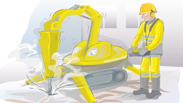 Illustration på arbetare som använder en vibrerande, fjärrstyrd maskin
