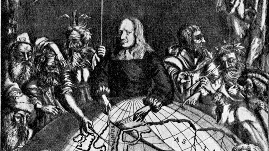 Kopparstick i gråskala som visar en man med ett antal åhörare. Mannen pekar ut Skandinavien på en stor jordglob