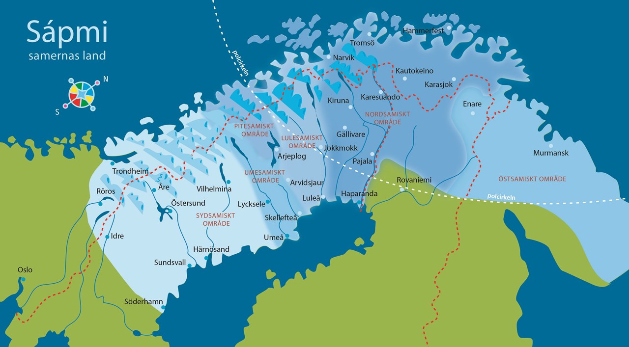 Map over Sápmi and its position in Sweden, Norway, Finland and Russia. Anders Suneson (www.tecknadebilder.se) for The Sami Parliament (Sametinget).