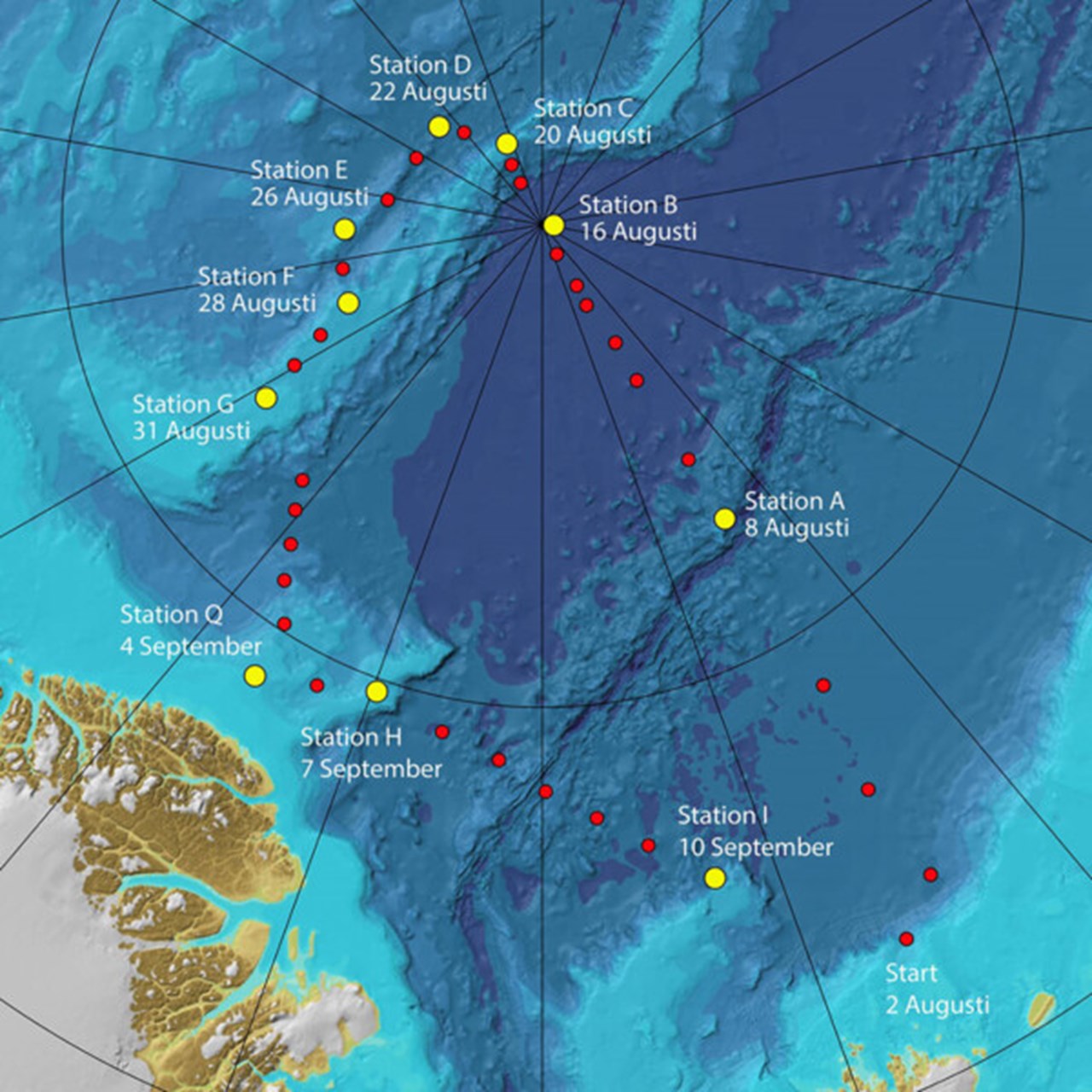 Karta över rutten som isbrytaren Oden kör. Den går rakt över Nordpolen och sedan ner mot Grönland.