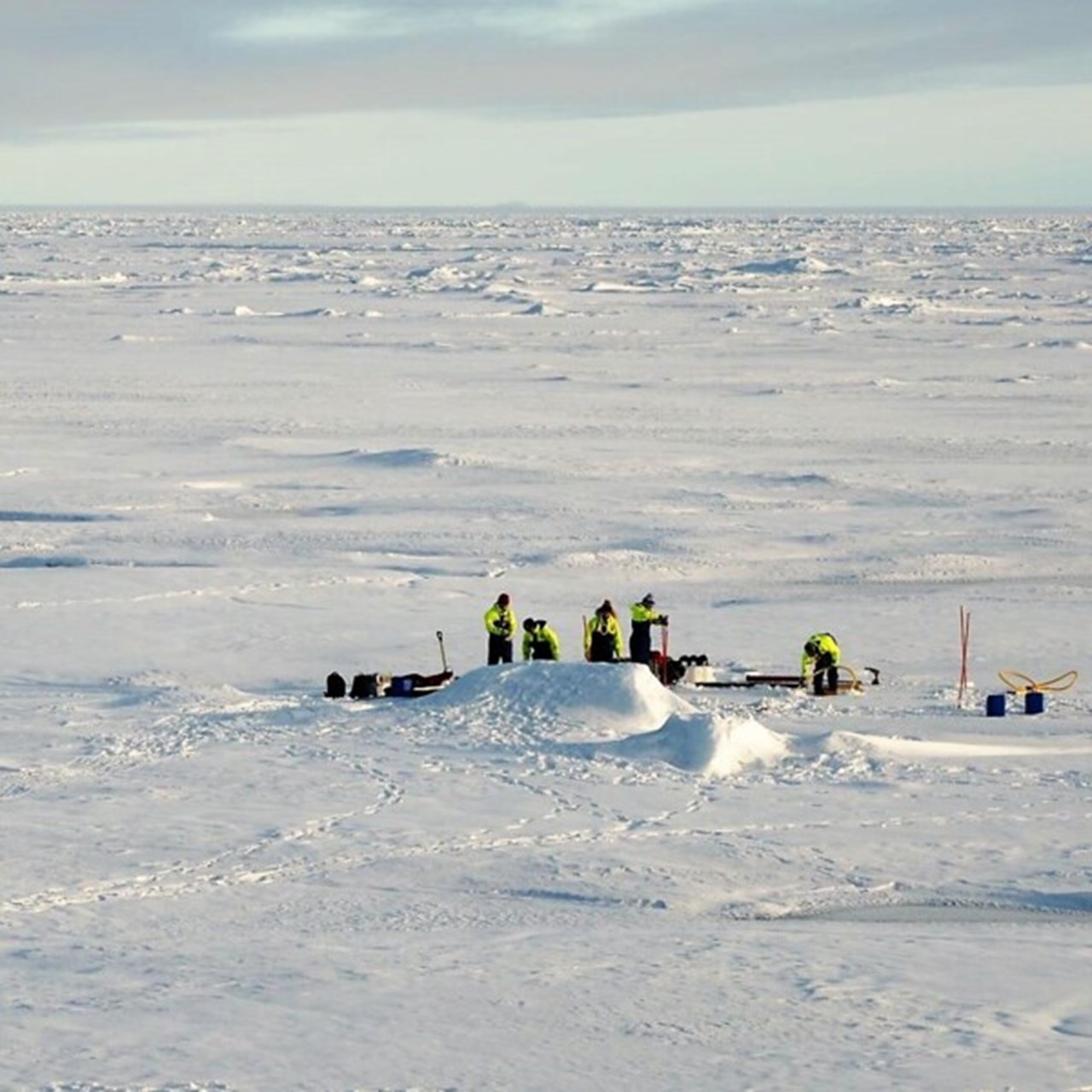 En flygbild som visar en grupp forskare som arbetar på is i Arktis