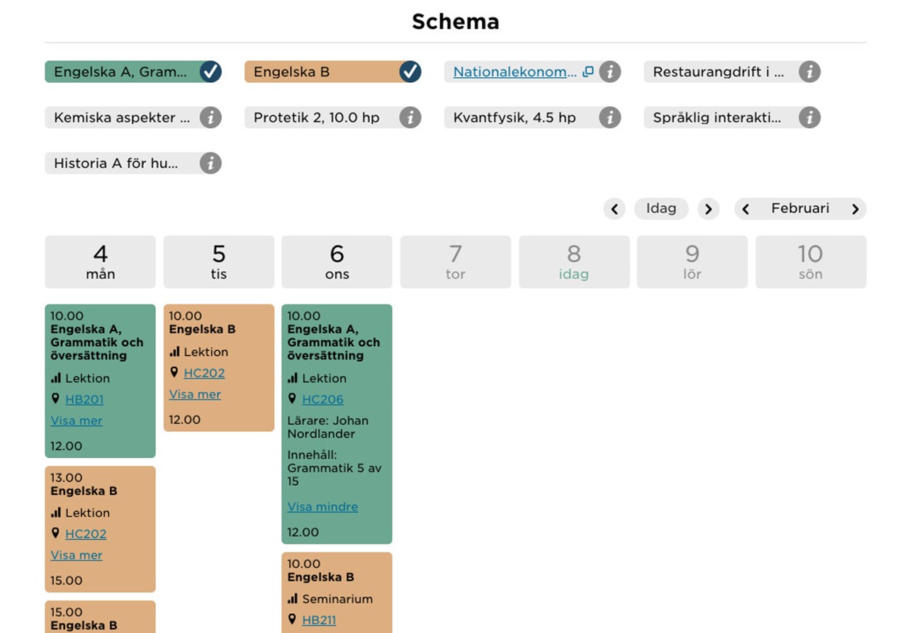 Skärmbild av Schemat på studentwebben
