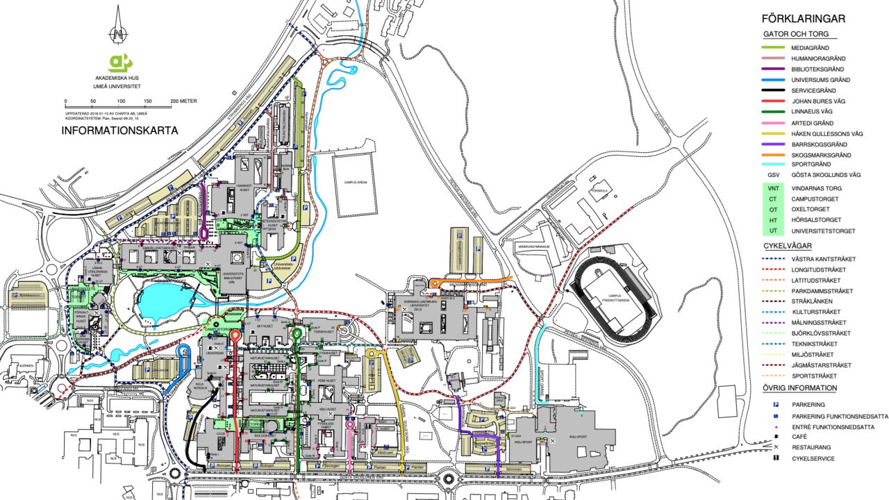 Bild över karta med gatuadresser för Umeå universitet, Campus Umeå.