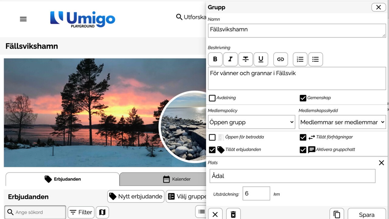 Skärmdump från digital delningsplattform, Umigo