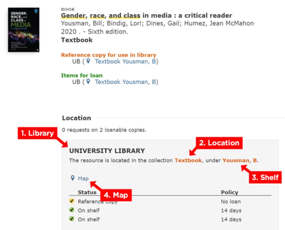 A screenshot with arrows pointing to the information about library, location, shelf and map.