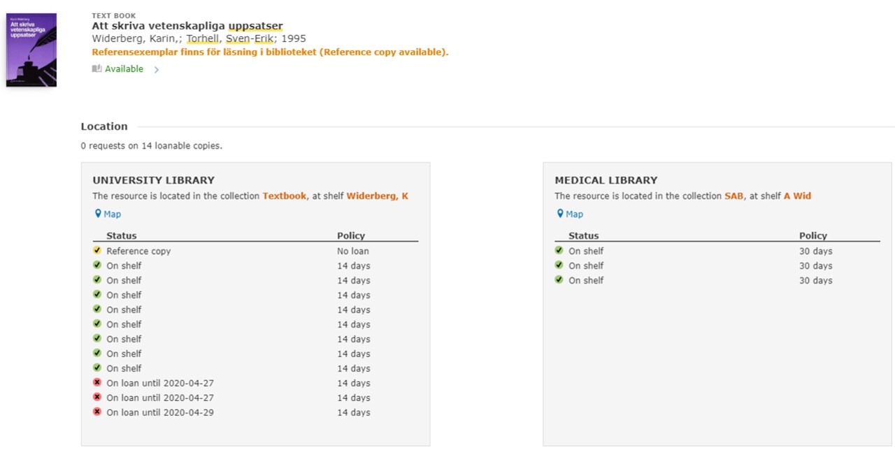 Skärmklipp av sökresultat i bibliotekets söktjänst.