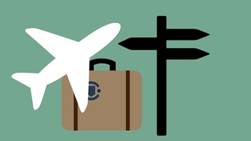 Illustration som visar flygplan, resväska och vägvisare