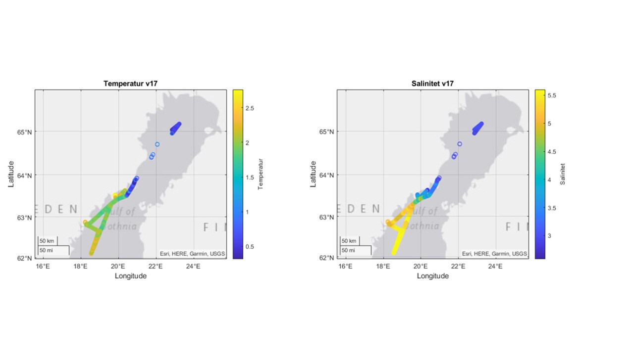 karta över Bottniska viken med värden på salthalt och temperatur.