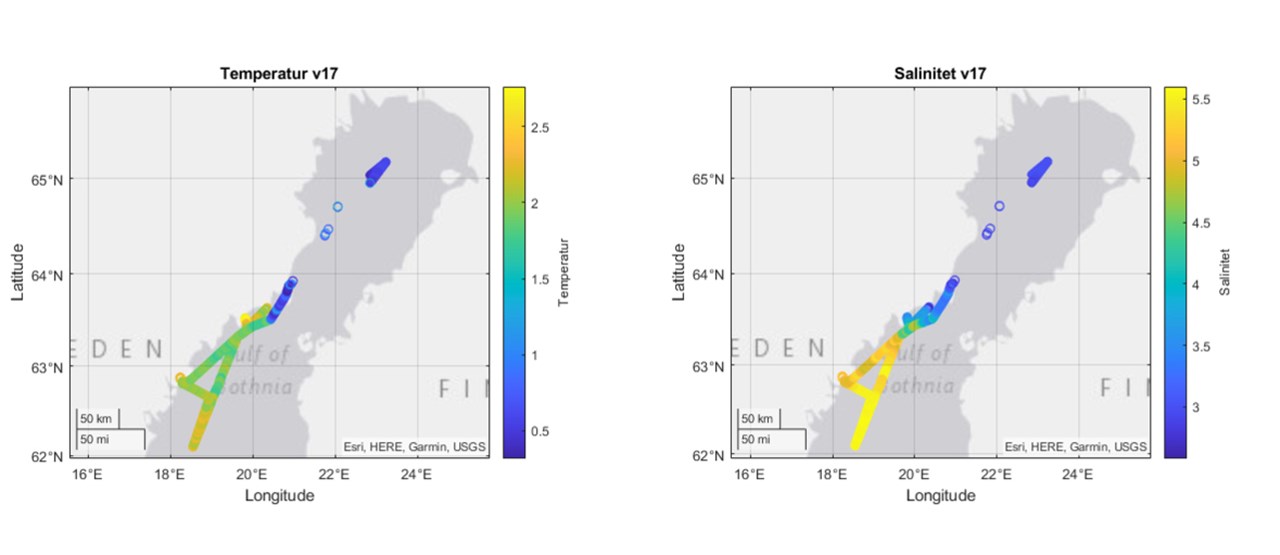 karta över Bottniska viken med värden på salthalt och temperatur.