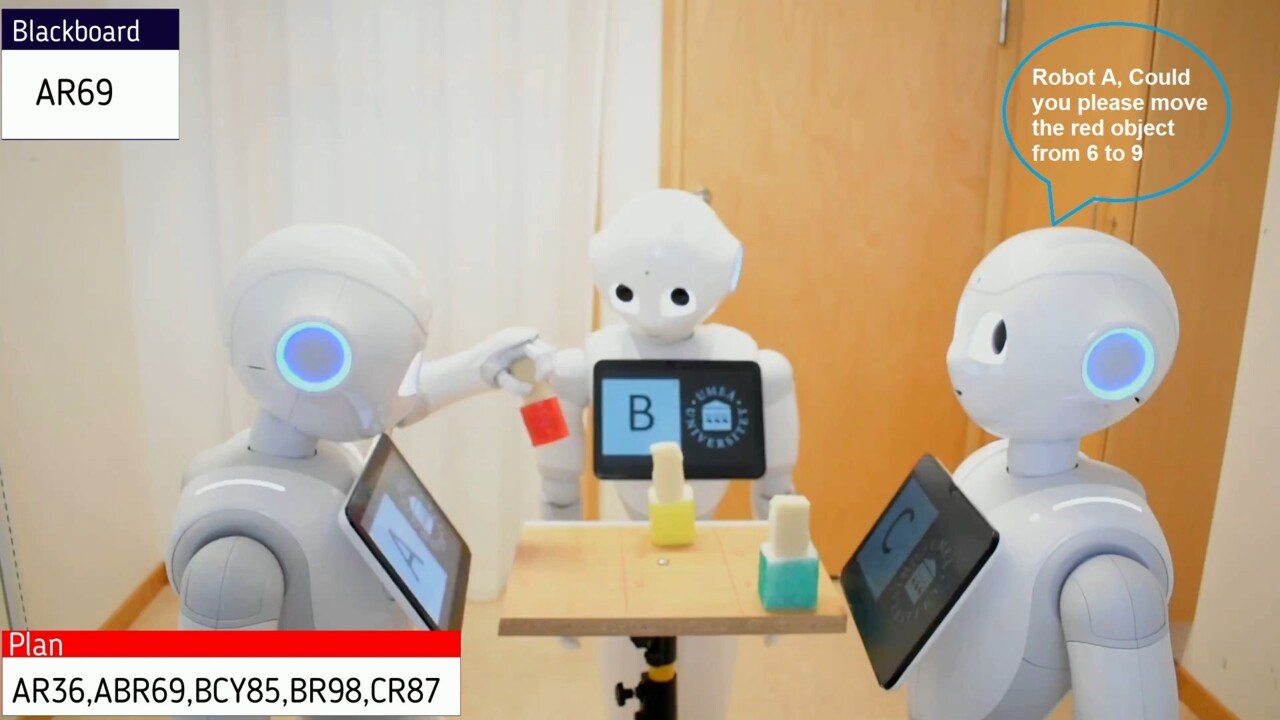 Samarbetande Pepper-robotar som flyttar objekt