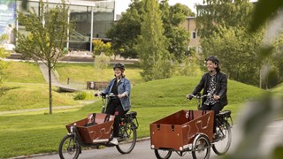 Två personer cyklar på varsin lådcykel vid dammen på campus