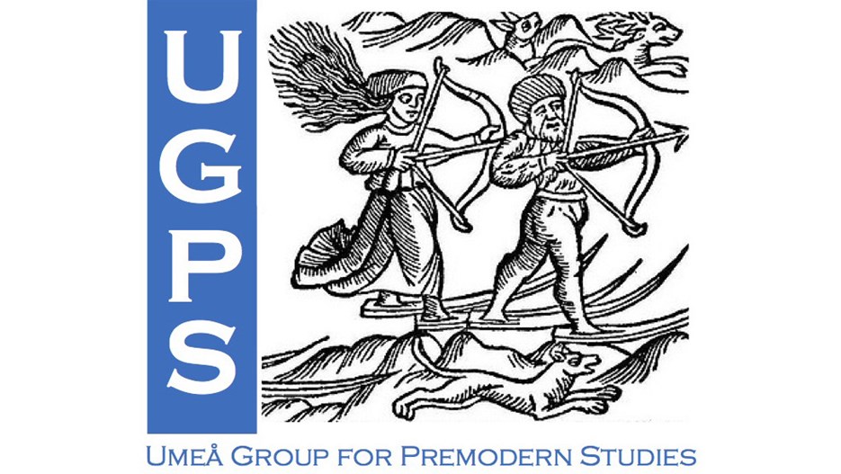 Illustration av en kvinna och en man med pilbågar och med texten Umeå Group for Premodern Studies