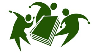 Logotyp för Minabibliotek, gröna figurer runt en bok
