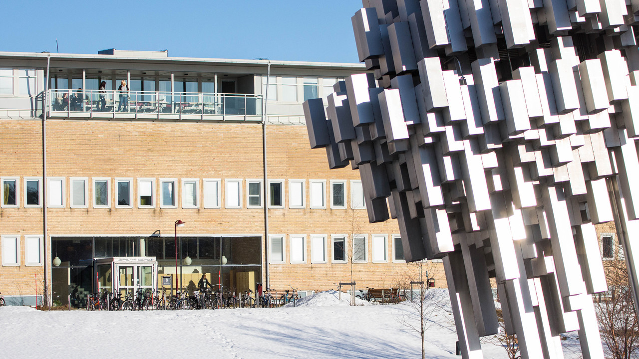 Samhällsvetarhuset och norra skenet i förgrunden.