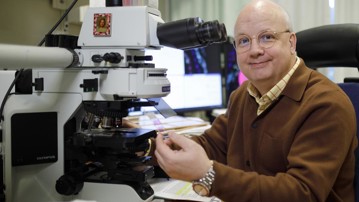 Thomas Brännström, professor och överläkare i patologi samt suppleant i universitetsstyrelsen, vid sitt mikroskop där han tittar på vävnadssnitt som färgats med immunohistokemi.