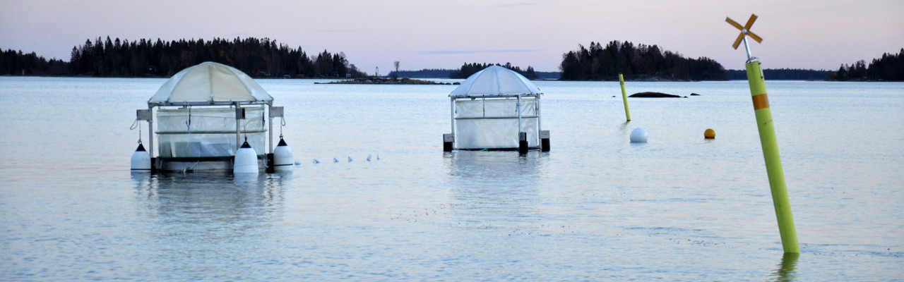 Via projektet Aquacosm har Umeå marina forskningscentrum fått i uppdrag att konstruera mesokosmer för arktiskt bruk. Bilderna tagna vid sjösättning av protyoer i oktober 2018.