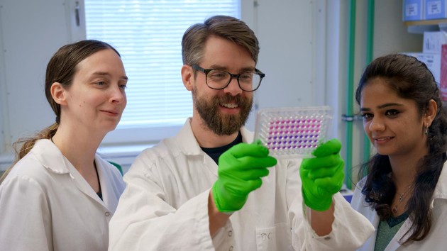Magnus Ölander, postdoc in the Sixtlab, sharing exciting findings from an antibiotic discovery project with labhead Barbara Sixt and colleague Aakriti Singh.