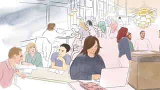 Många människor i olika studiesituationer i humanisthuset