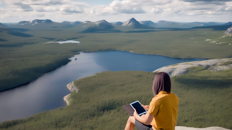 AI-genererad bild på en person med en iPad vid en fjällsjö. 