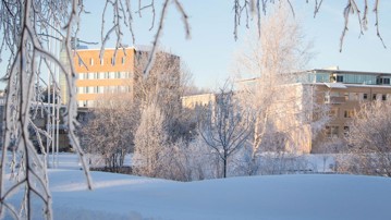 Vintercampus. Vy över förvaltningshuset och lärarutbildningshuset med dammen i förgrunden.