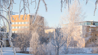 Vintercampus. Vy över förvaltningshuset och lärarutbildningshuset med dammen i förgrunden.