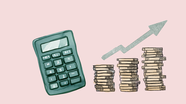 A calculator, a stack of coins and an arrow pointing diagonally upwards.