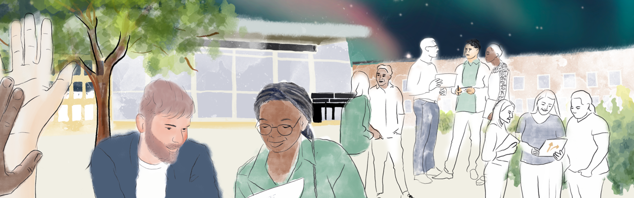 Illustration av medarbetare som samarbetar och pratar med lindellhallen och norrsken i bakgrunden.
