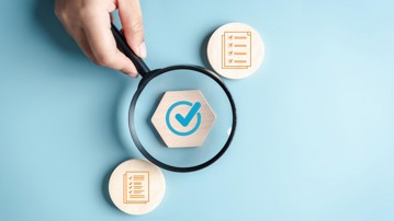 Document Management Checking System, online documentation database and process manage files, Magnifier check and focus to document folder, documentation. Corporate business technology concept.