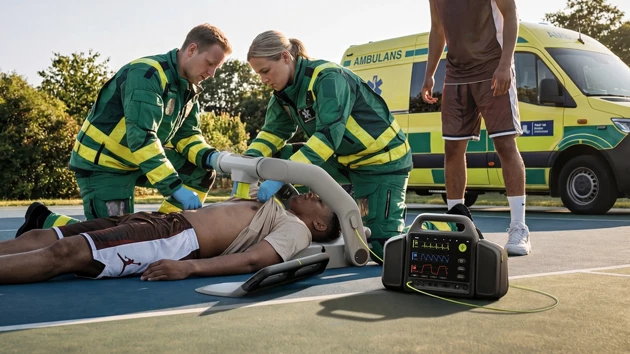 A group of emergency personnel tend to an injured man.