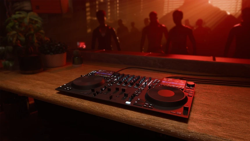 Viktor's grad project Transition is a hybrid solution: a DJ controller mirroring club gear, paired with a digital learning tool in a virtual venue.
