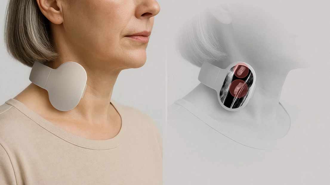 Sona worn around the neck with an abstract overlay of an ultrasound image detecting arterial plaque, illustrating early cardiovascular disease detection.