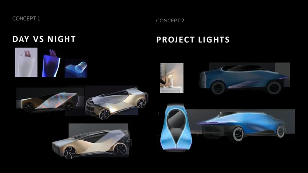 Concept 1 inspired by the change of aspect of buildings, where during day they look plain but when night comes, they come alive with the help of lights Concept 2, inspired by the adjustment of lights, this concept uses the body of the car as a white canvas to project information over it.