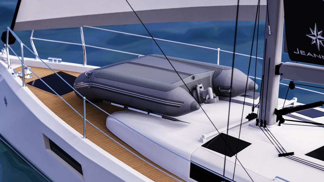 Tender stored on the leading boat with the motor module attached.