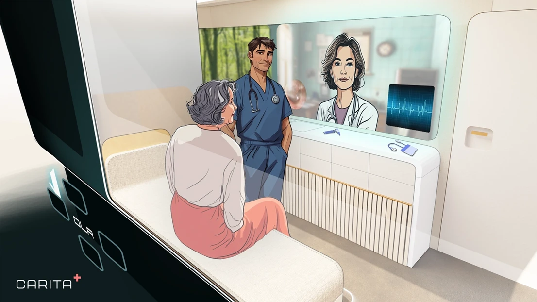 Patient and Nurse engage in examination and treatment, Doctor joining remotely through telemedical technology.