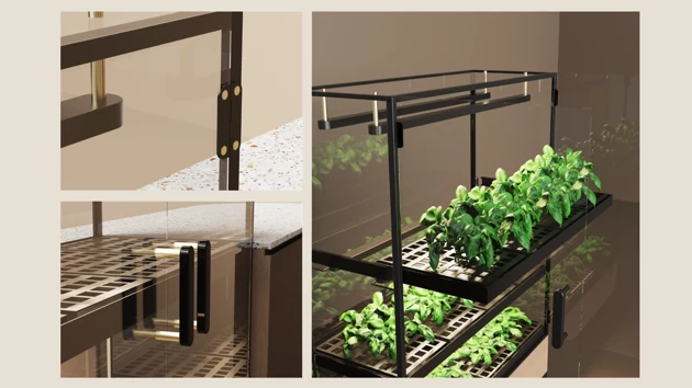 Construction in anodised aluminium & brass details.